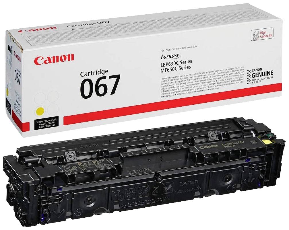 Schwarze Canon-Tonerpatrone 067 neben Verpackung. Kompatibel mit i-SENSYS LBP630C und MF650C Serien. Enthält Original Canon-Toner.