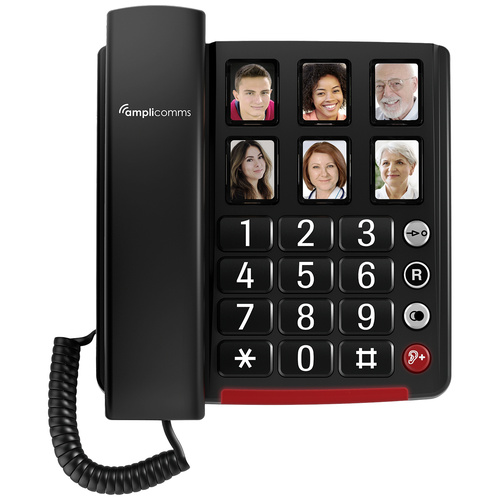 Amplicomms BigTel 40 Schnurgebundenes Seniorentelefon Foto-Tasten, für Hörgeräte kompatibel, Wahlwiederholung LED-Display Schwarz