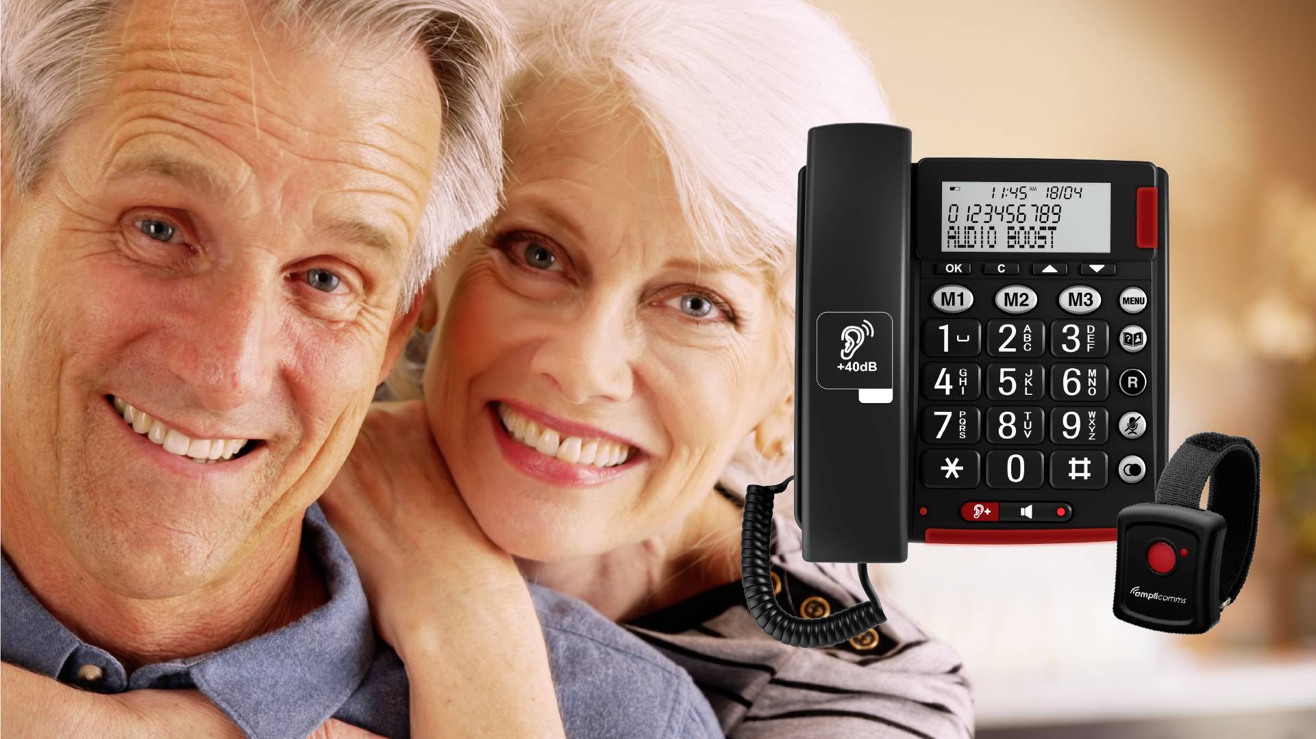 Amplicomms BigTel 50 Alarm Plus Schnurgebundenes Seniorentelefon für Hörgeräte kompatibel, inkl. Notrufsender, Wahlwiederholung