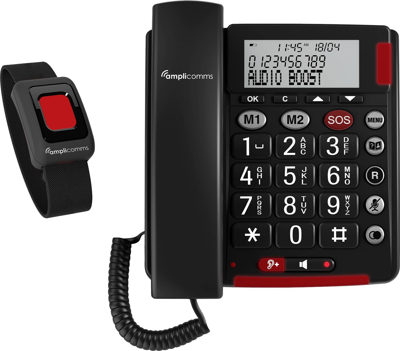 Ein schwarzes Telefon mit großen Tasten, SOS-Funktion, und rotem Notrufknopf neben einem schwarzen Armband mit rotem Knopf.