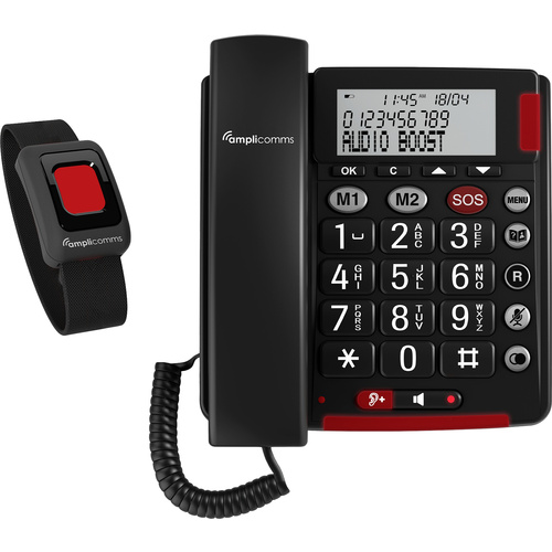 Amplicomms BigTel 50 Alarm Plus Schnurgebundenes Seniorentelefon für Hörgeräte kompatibel, inkl. Notrufsender, Wahlwiederholung