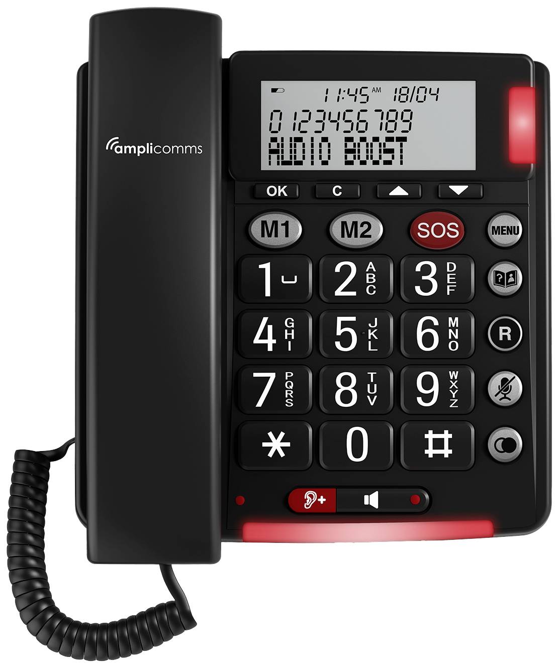 Ein schwarzes Telefon mit großen, nummerierten Tasten und einem Display, das eine Nummer anzeigt. Es hat eine SOS-Taste und Lautsprecherfunktion.