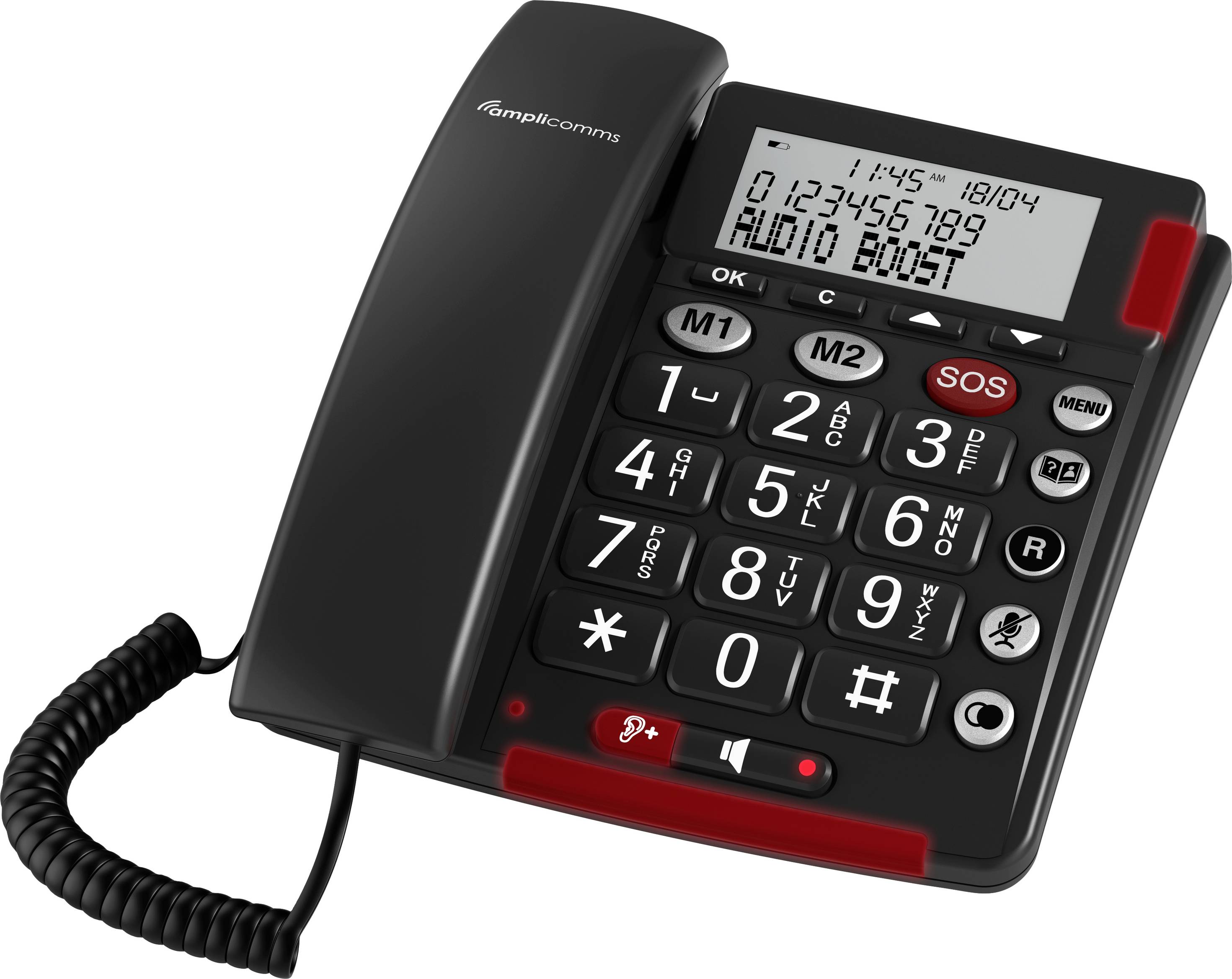 Ein Festnetztelefon mit großen Tasten, SOS-Knopf und Display, das Uhrzeit und Datum anzeigt. Der Hörer ist links abgelegt.