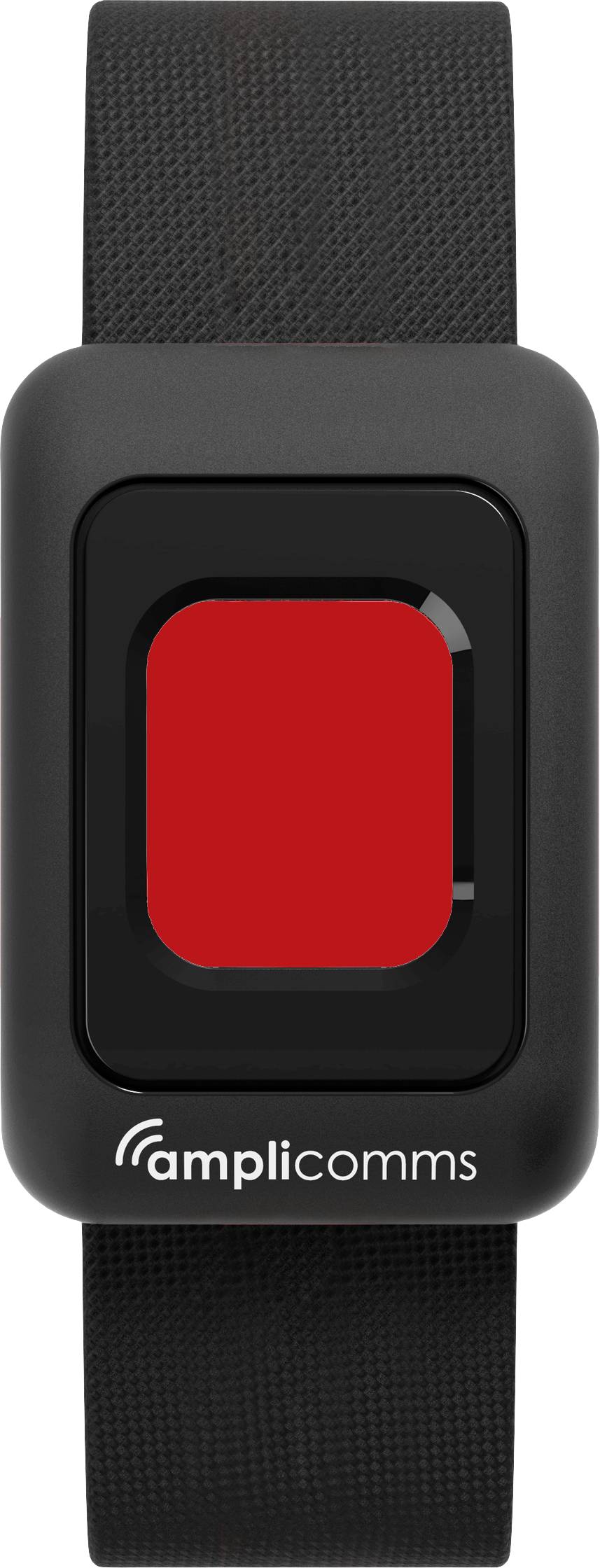 Schwarzes Notrufarmband mit quadratischer roter Taste und 'amplicomms' Logo.