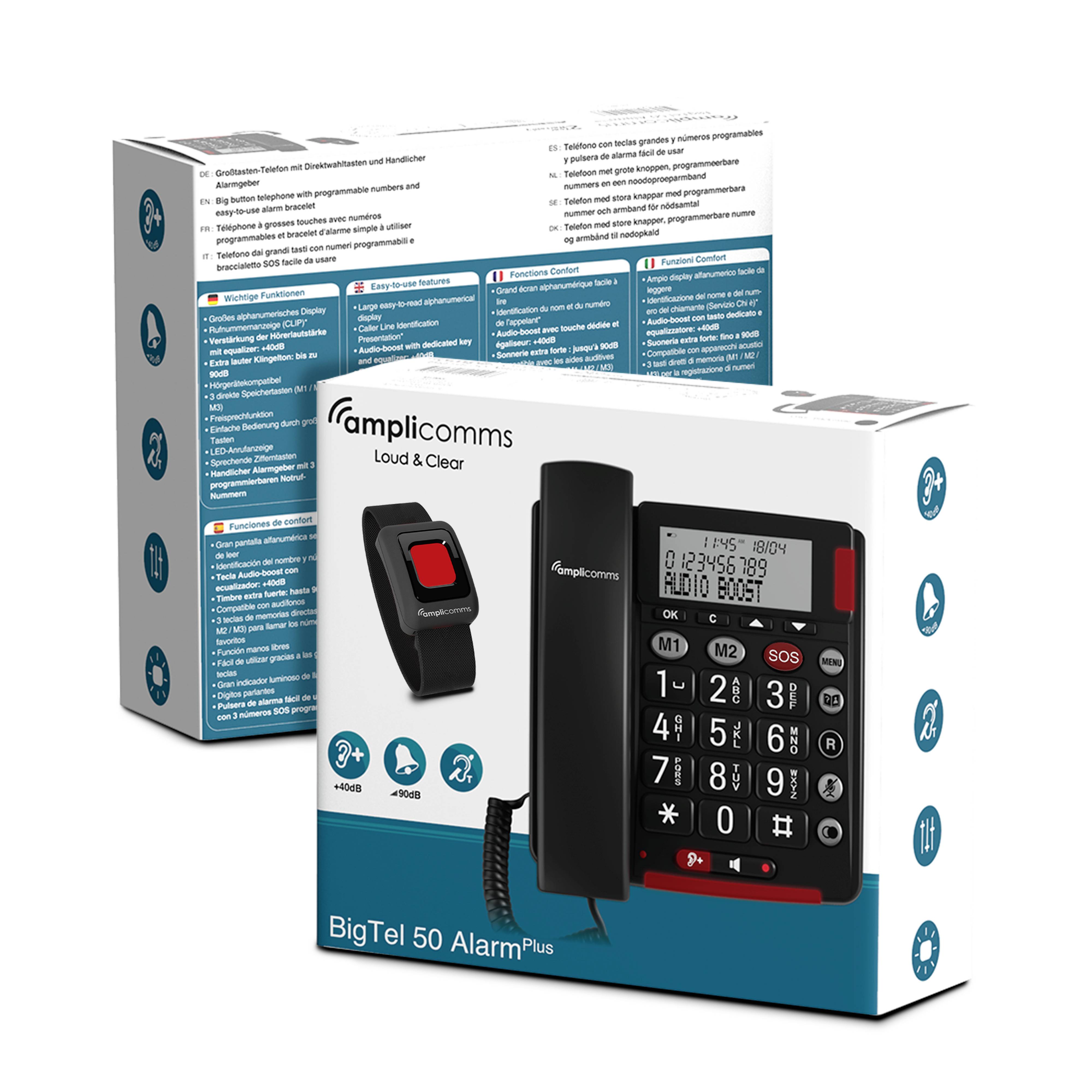 Verpackung eines Senioren-Telefons mit großem Display und SOS-Knopf. Enthält Merkmale wie 'lauter Klang' und große Tasten.