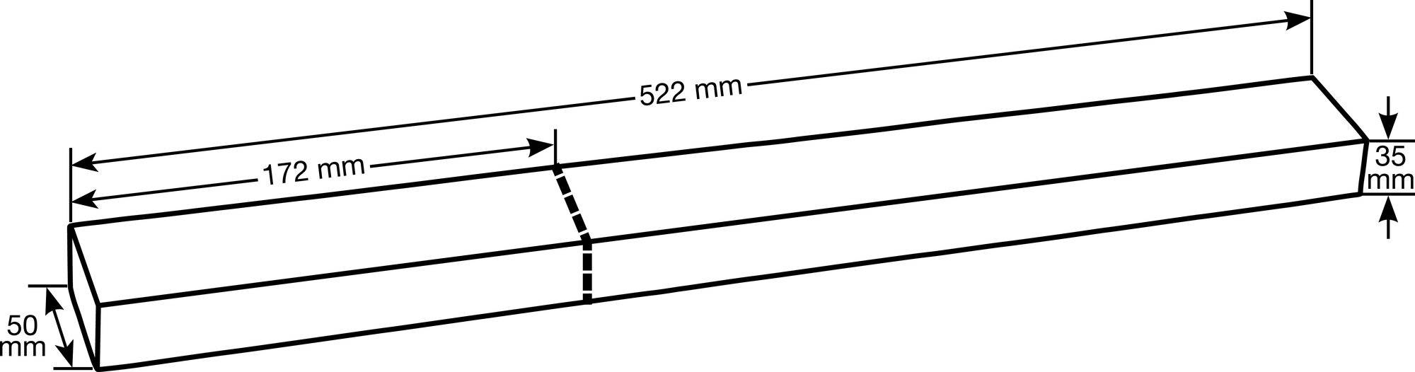 Technische Zeichnung eines langen, schräg gekippten Quaders. Maße: 522 mm Länge, 50 mm Breite, 35 mm Höhe; Segmentlänge: 172 mm.