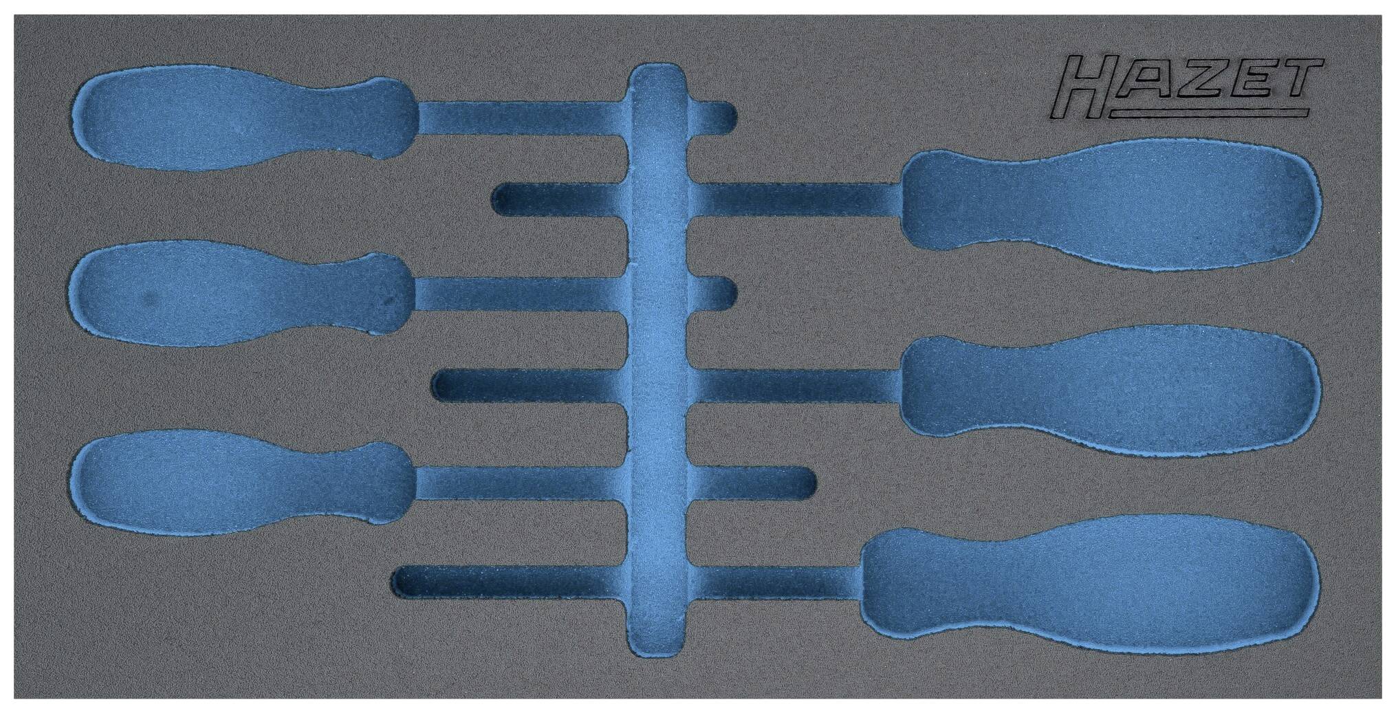 Ein Plastikeinsatz mit sechs Aussparungen für Schraubenzieher. Oben rechts ist das Wort 'Hazet' eingeprägt.
