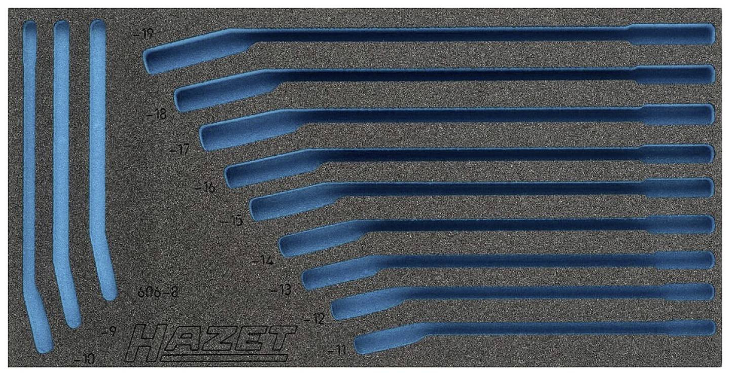 Schaumstoffeinlage mit blauen Aussparungen für Schlüssel der Marke Hazet, verschiedene Größen gekennzeichnet von 6 bis 19.