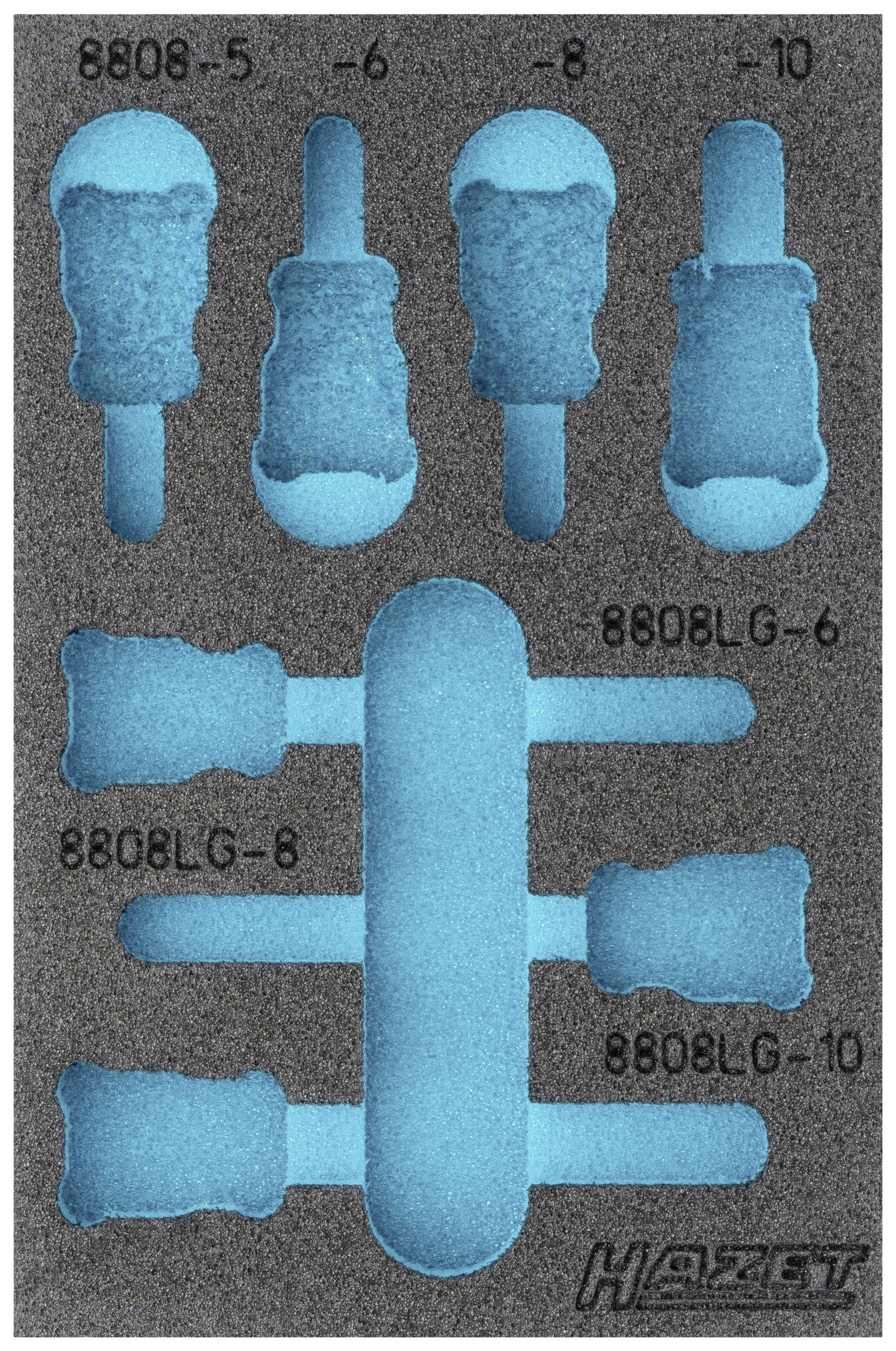 Werkzeugkasten-Einsatz mit blauen Aussparungen für verschiedene Steckschlüssel, passend für Hazet-Tools, auf schwarzem Hintergrund.