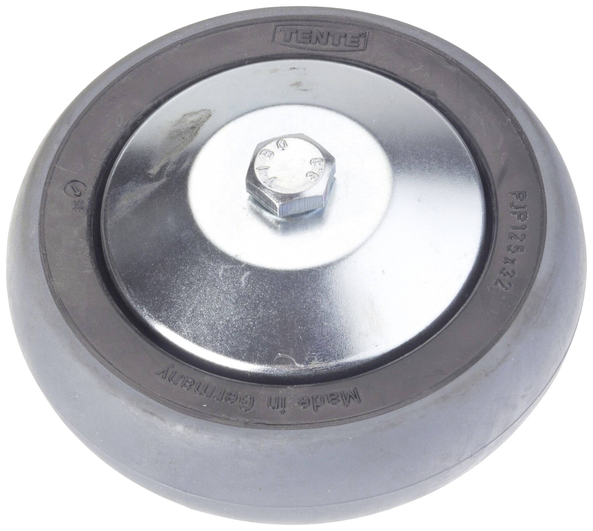 Schwarzes Rad mit silberner metallischer Mitte und sechseckiger Schraube, seitlich geprägter Schriftzug 'Made in Germany'.