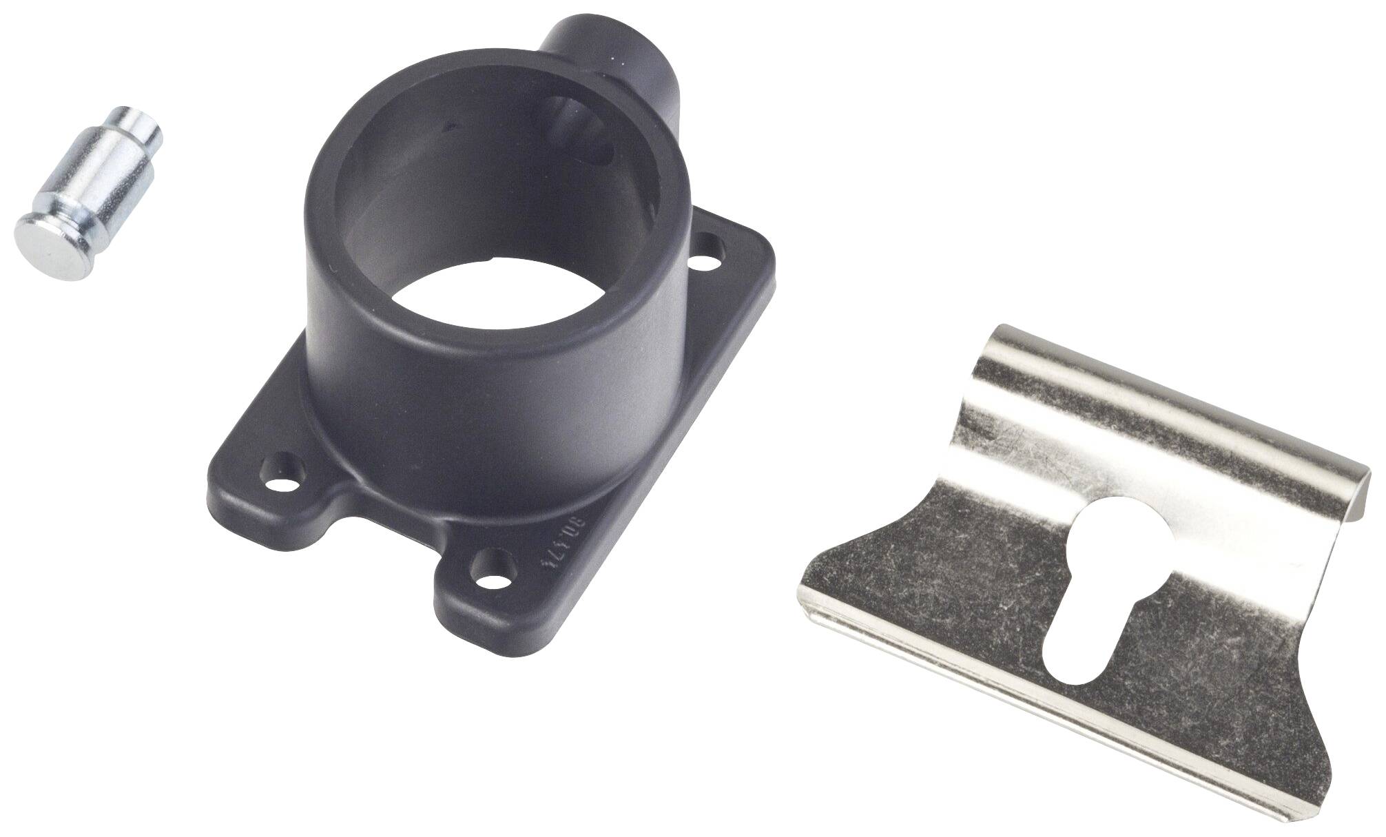 Ein schwarzes Kunststoffteil mit Schraublöchern, eine silberne Metallhalterung und ein kleiner Metallstift liegen nebeneinander auf weißem Hintergrund.