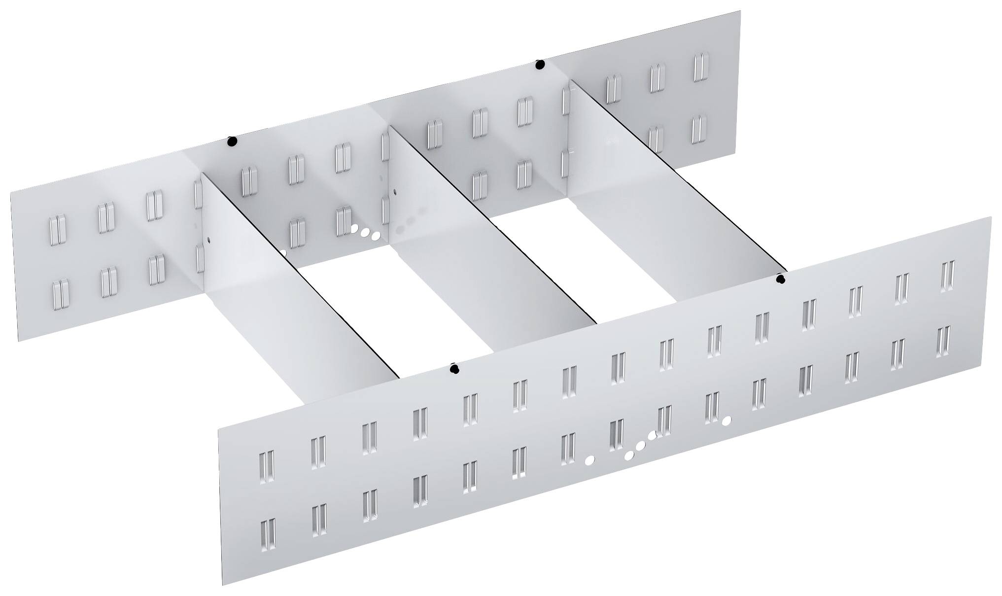 Metallene Kabelrinne mit drei Querverstrebungen, perforiert für Kabeldurchführungen. Geeignet für industrielle Installationen.