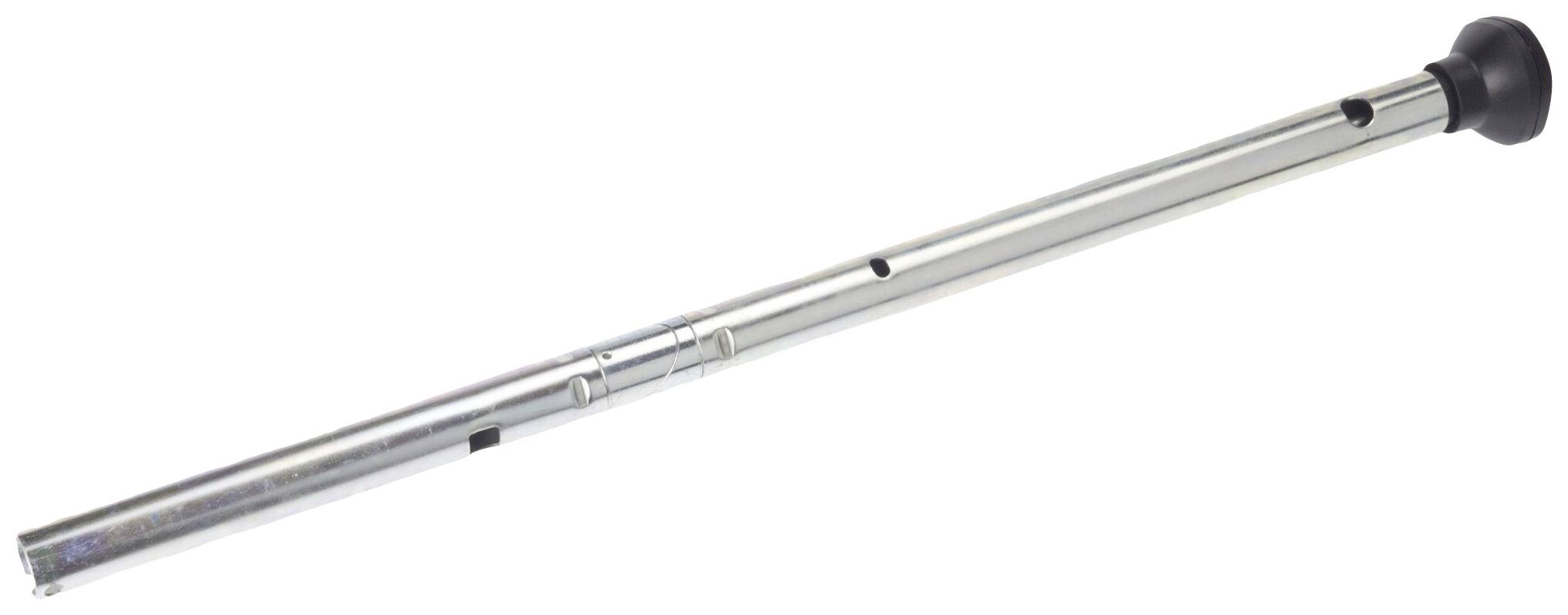 Ein langer, silberner Metallstab mit einem schwarzen, gummierten Ende. Der Stab ist glatt und hat einige Vertiefungen entlang seiner Länge.