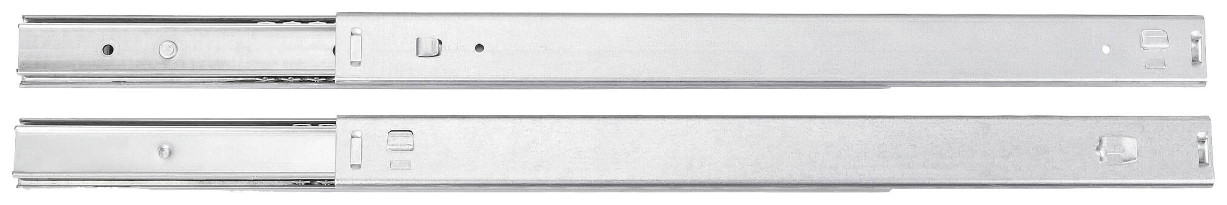 Zwei silberne Metallschienen, parallel nebeneinander angeordnet. Sie weisen Öffnungen und Schlitze für die Montage an Möbeln auf.
