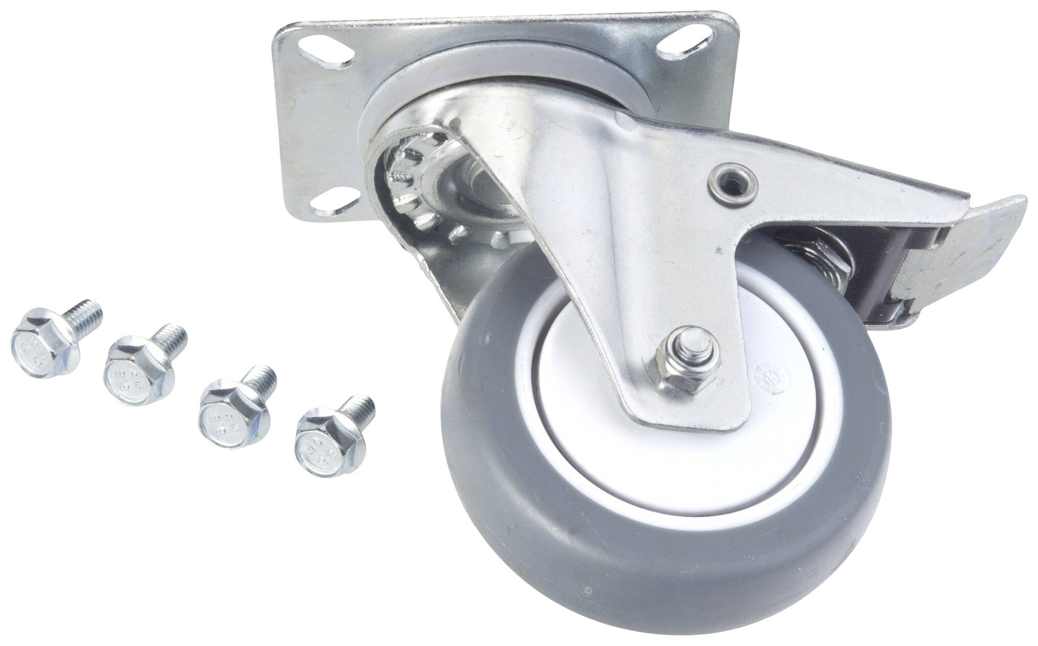 Metallrolle mit grauem Gummi, Befestigungsplatte und Stopper, neben drei Schrauben. Geeignet für Möbel oder Transportgeräte.