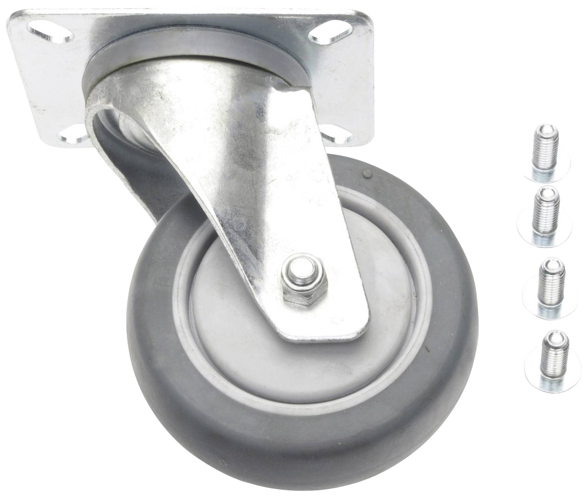 Schwenkbares Rollenelement aus Metall mit grauem Gummirad, daneben vier Schrauben zur Befestigung. Geeignet für Möbel oder Geräte.