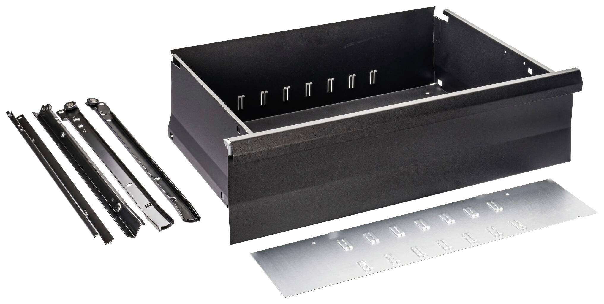 Schwarzer Metallschubkasten mit seitlich liegenden Schienen und Metallbodenplatte. Geeignet für Möbelmontage oder DIY-Projekte.