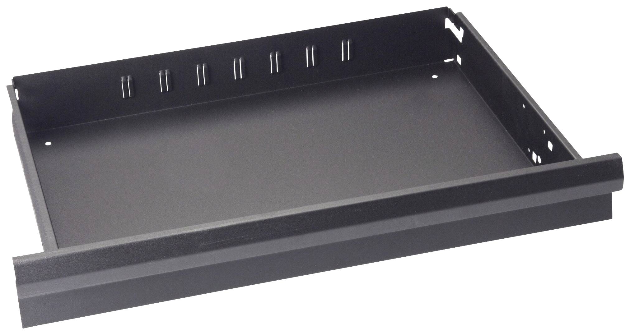Schwarzes, rechteckiges Metallregal mit niedrigem Rand, geeignet für die Montage auf einem Gestell oder als Ablage in einem Schrank.