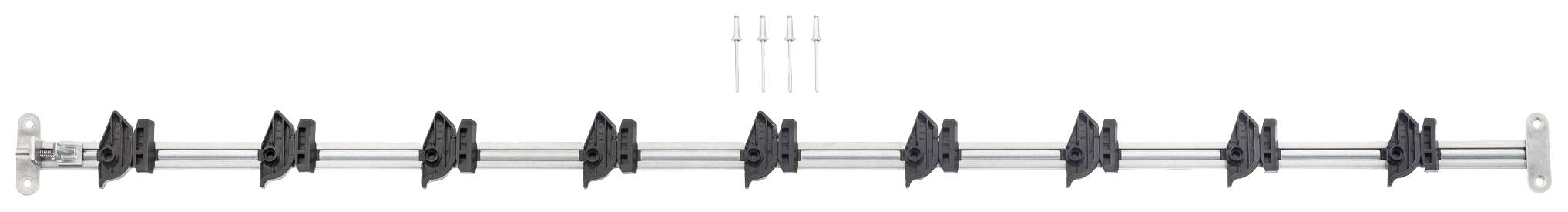 Zwei parallele Metallstangen mit schwarzen Halterungen, Abstandshalter und Schrauben. Möglicherweise ein Teil einer Halterung oder Vorrichtung.