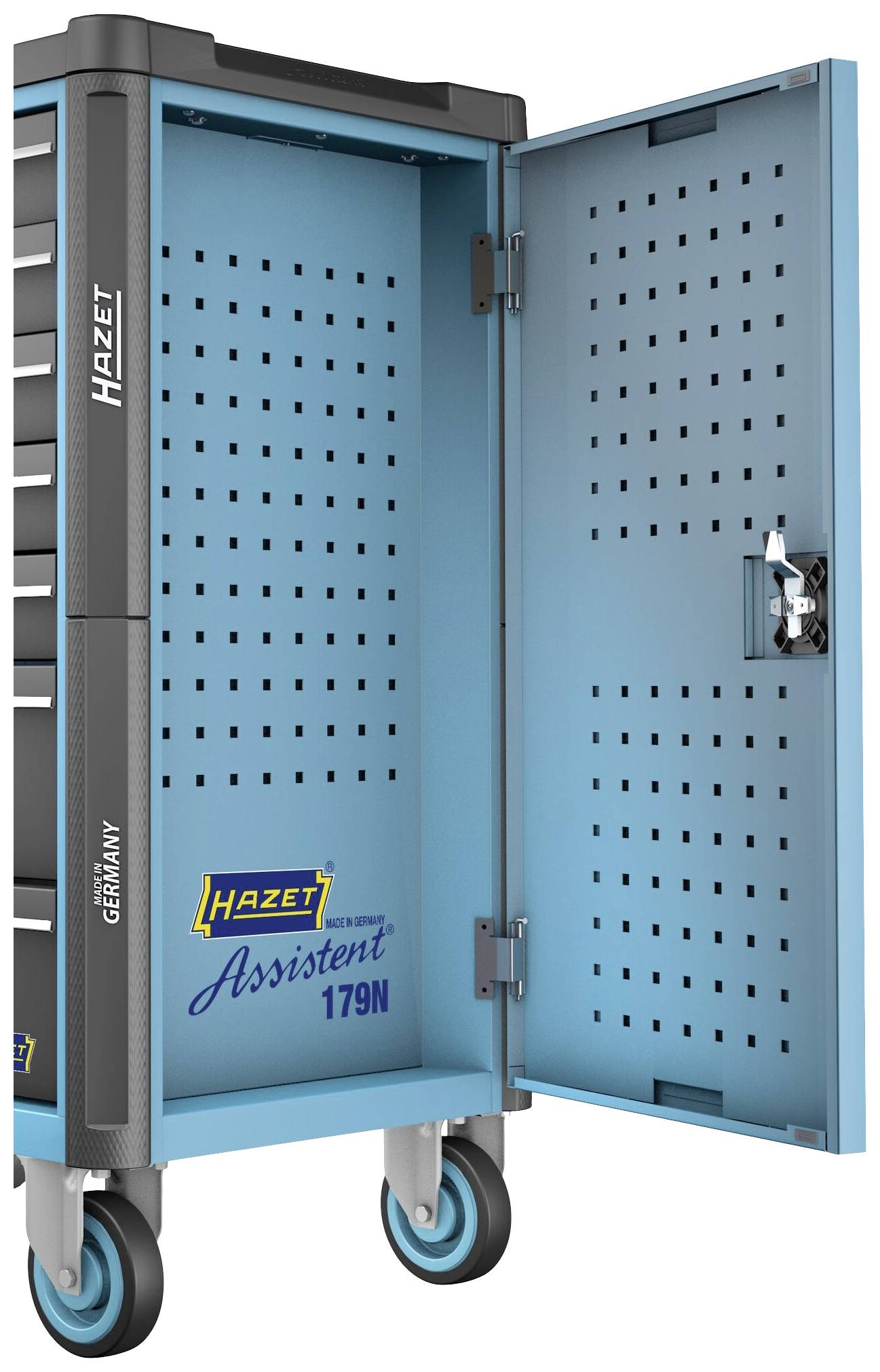 Werkzeugwagen von Hazet, Modell 'Assistent 179N', geöffnet, zeigt leeren Innenraum mit perforierten Türen und Rädern.