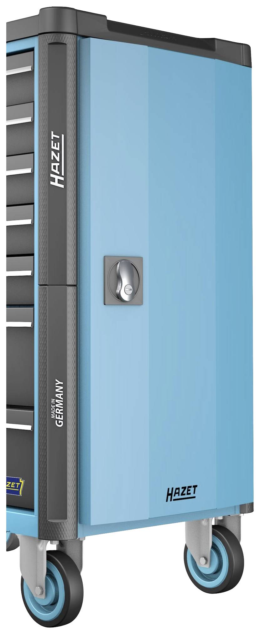 Werkzeugwagen von Hazet mit blauer Tür, mehreren Schubladen und Rollen für Mobilität, geeignet zur Werkzeugaufbewahrung in Werkstätten.