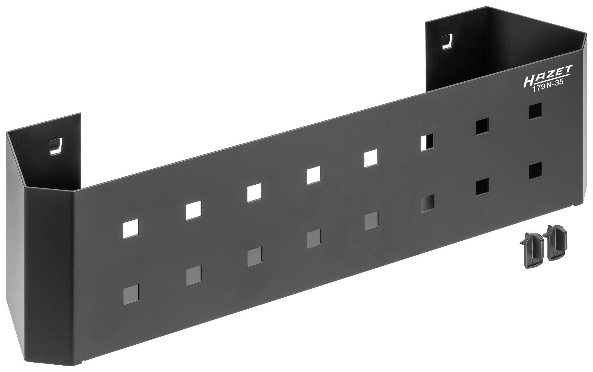 Schwarzes Werkzeughalter-Regal mit quadratischen Ausschnitten und zwei Befestigungsclips, geeignet zur Wandmontage.