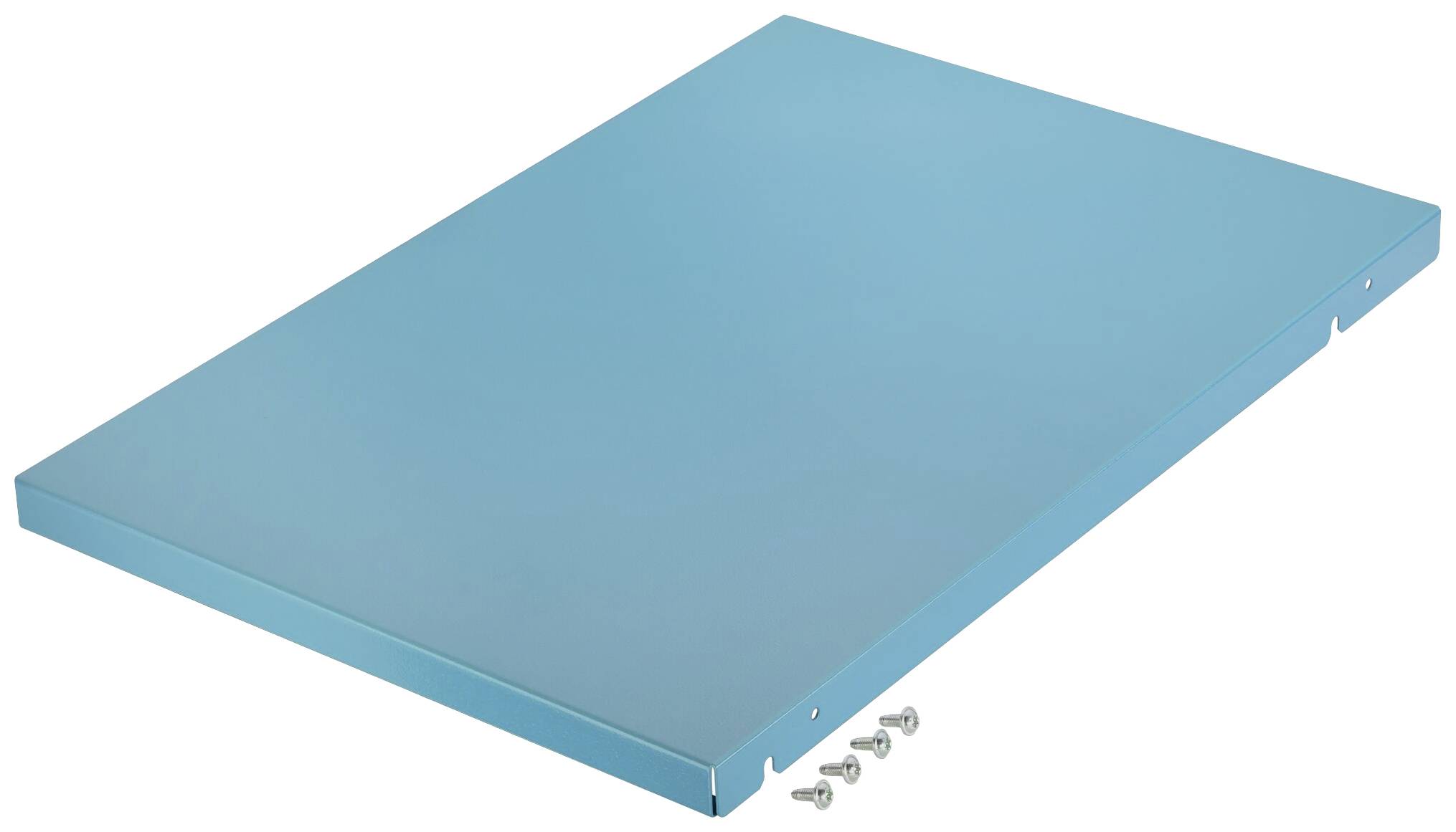 Metallplatte in blauer Farbe, rechteckig, mit fünf Schrauben daneben.