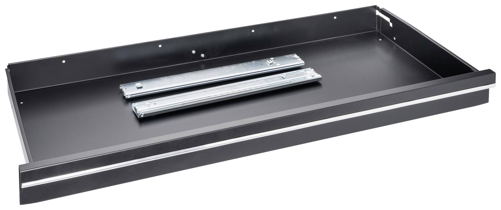 Ein schwarzes, rechteckiges Schubladenfach mit zwei Metallschienen auf der Innenfläche, ausgelegt für einfache Integration in Möbel.