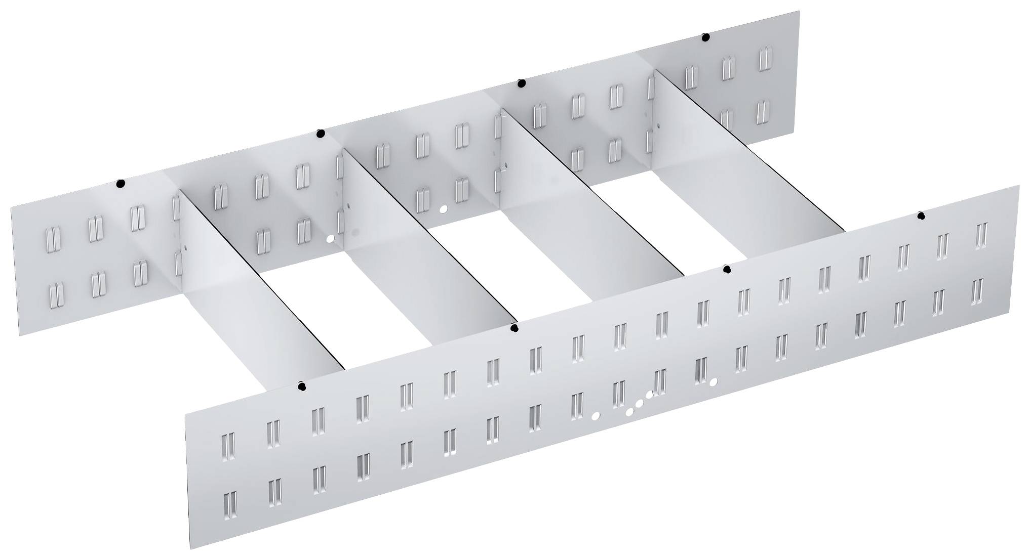 Metallisches Kabelrinnenbauteil in rechteckiger Form mit mehreren Befestigungsöffnungen an den Seiten, geeignet für Kabelinstallationen.