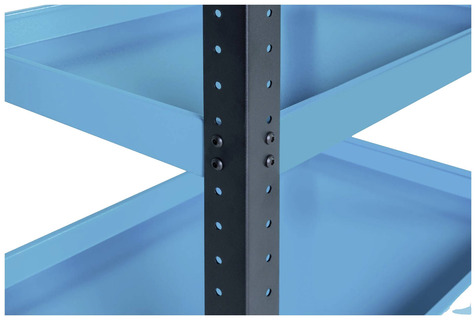 Ein blaues Metallregal mit zwei Ebenen und einem schwarzen, perforierten Mittelpfosten.