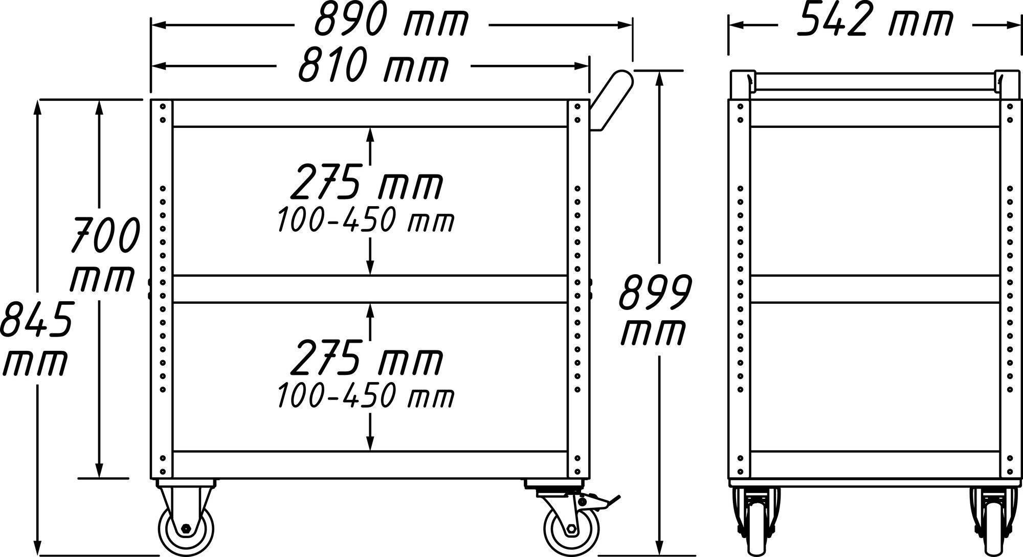 Technische Zeichnung eines Wagens mit Rädern. Dimensionen: 890 mm, 810 mm, 542 mm Breite; 700 mm, 845 mm, 899 mm Höhe; 275 mm Regalfächer.