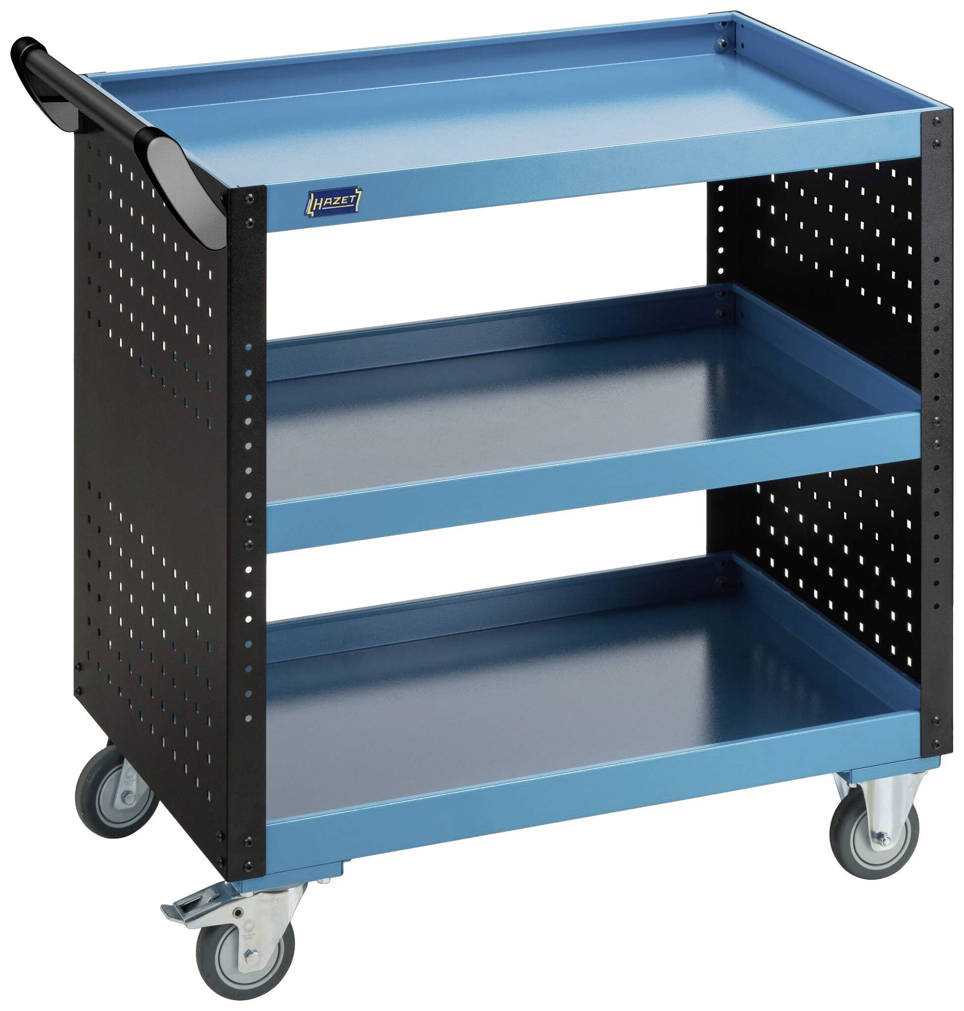 Ein blauer Werkstattwagen mit drei Ebenen, schwarzem Griff und Rollen, ideal zur Aufbewahrung von Werkzeugen in industriellen Umgebungen.