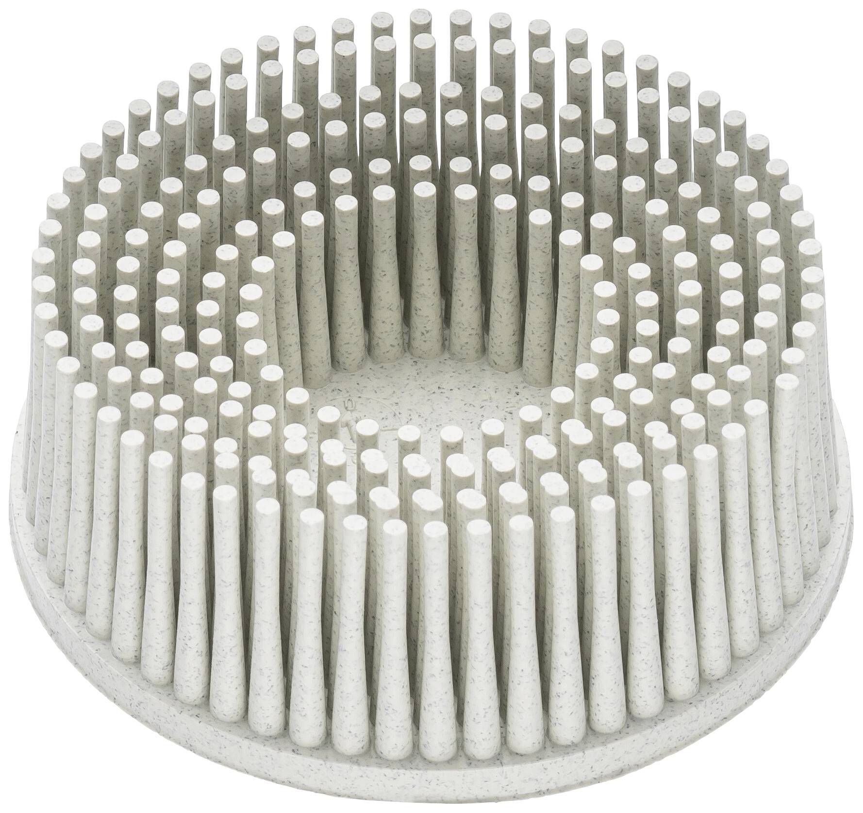 Ein kreisförmiger, grauer Gegenstand mit vertikalen Stäbchen in konzentrischen Kreisen, die wie Borsten angeordnet sind.