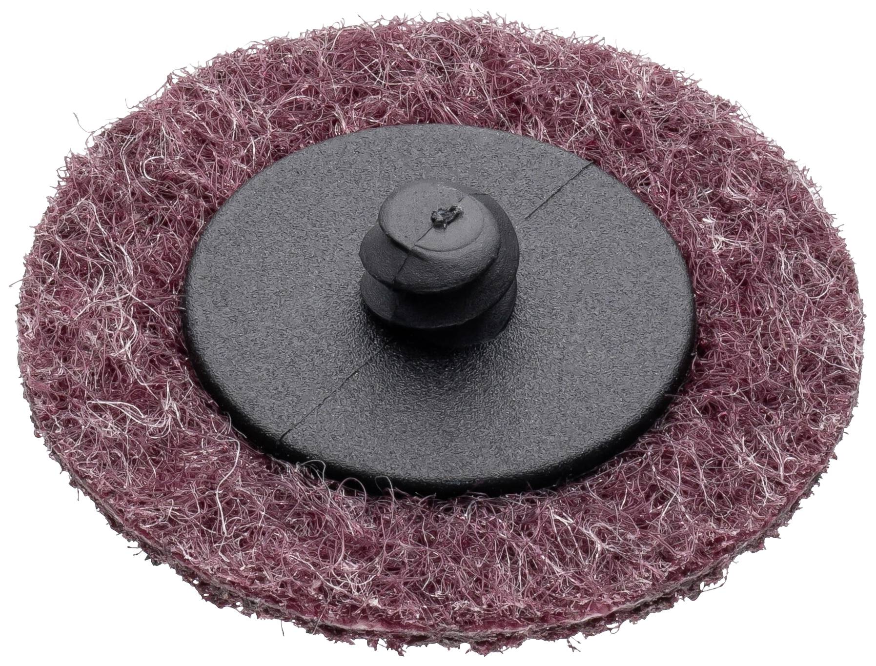 Runde, rotbraune Schleifscheibe mit schwarzen Kunststoffspiralen in der Mitte, verwendet zur Oberflächenbearbeitung.