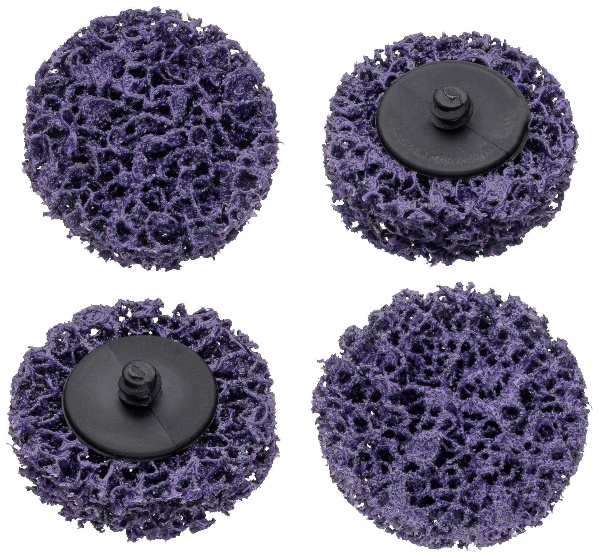 Vier lila Reinigungspads aus Drahtgeflecht, rund und mit einer zentralen Aufnahme für Befestigung, vor weißem Hintergrund.