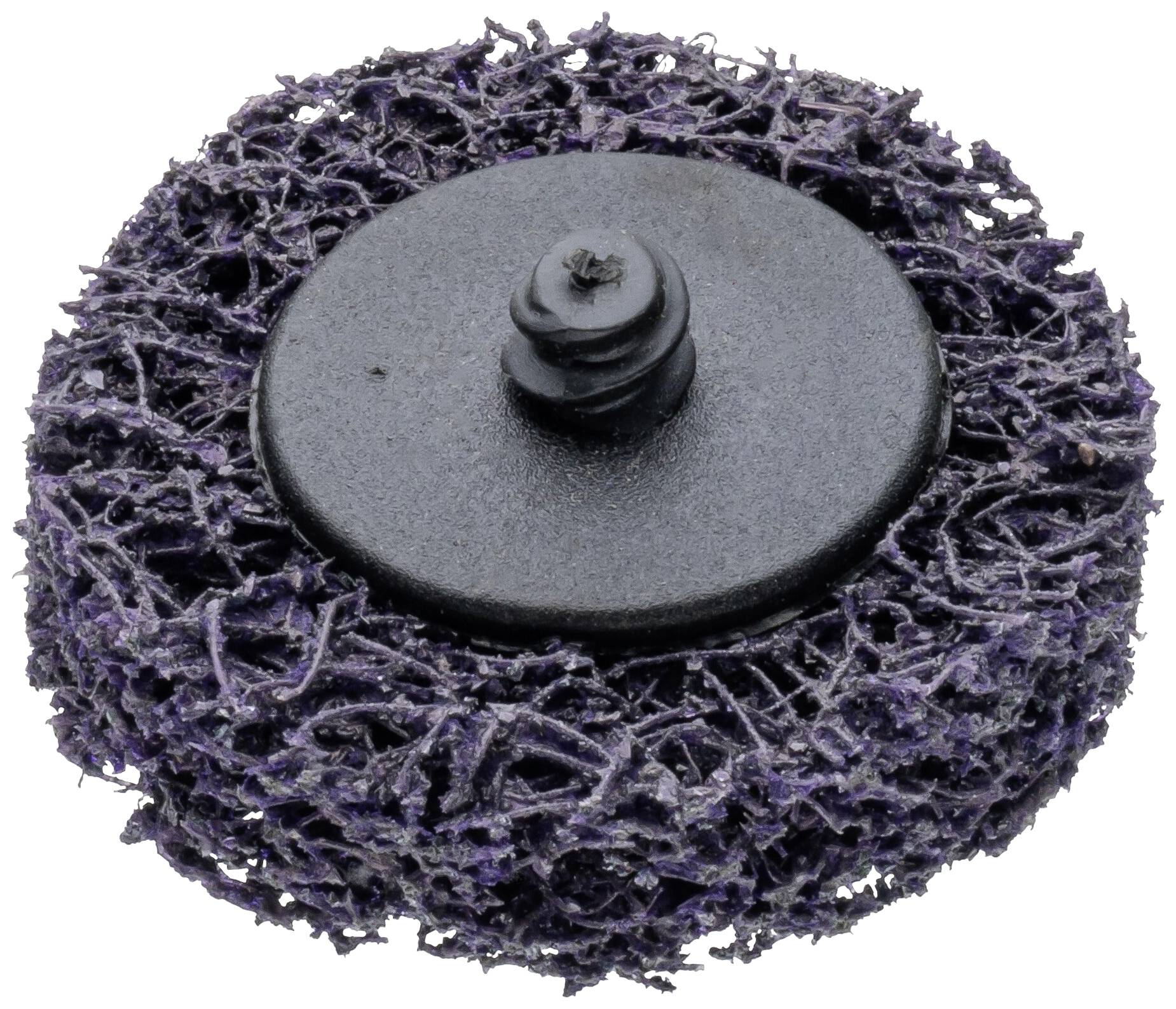 Ein lila Schleifpad mit mittigem Befestigungselement, speziell zur Oberflächenbearbeitung und Reinigung konzipiert.