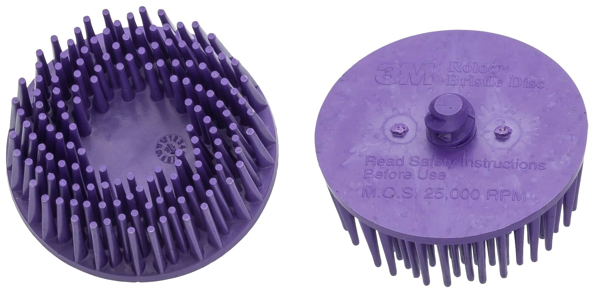 Zwei lila runde Schleifaufsätze mit Stiften für die Oberflächenbearbeitung, einer von oben, der andere seitlich gezeigt.