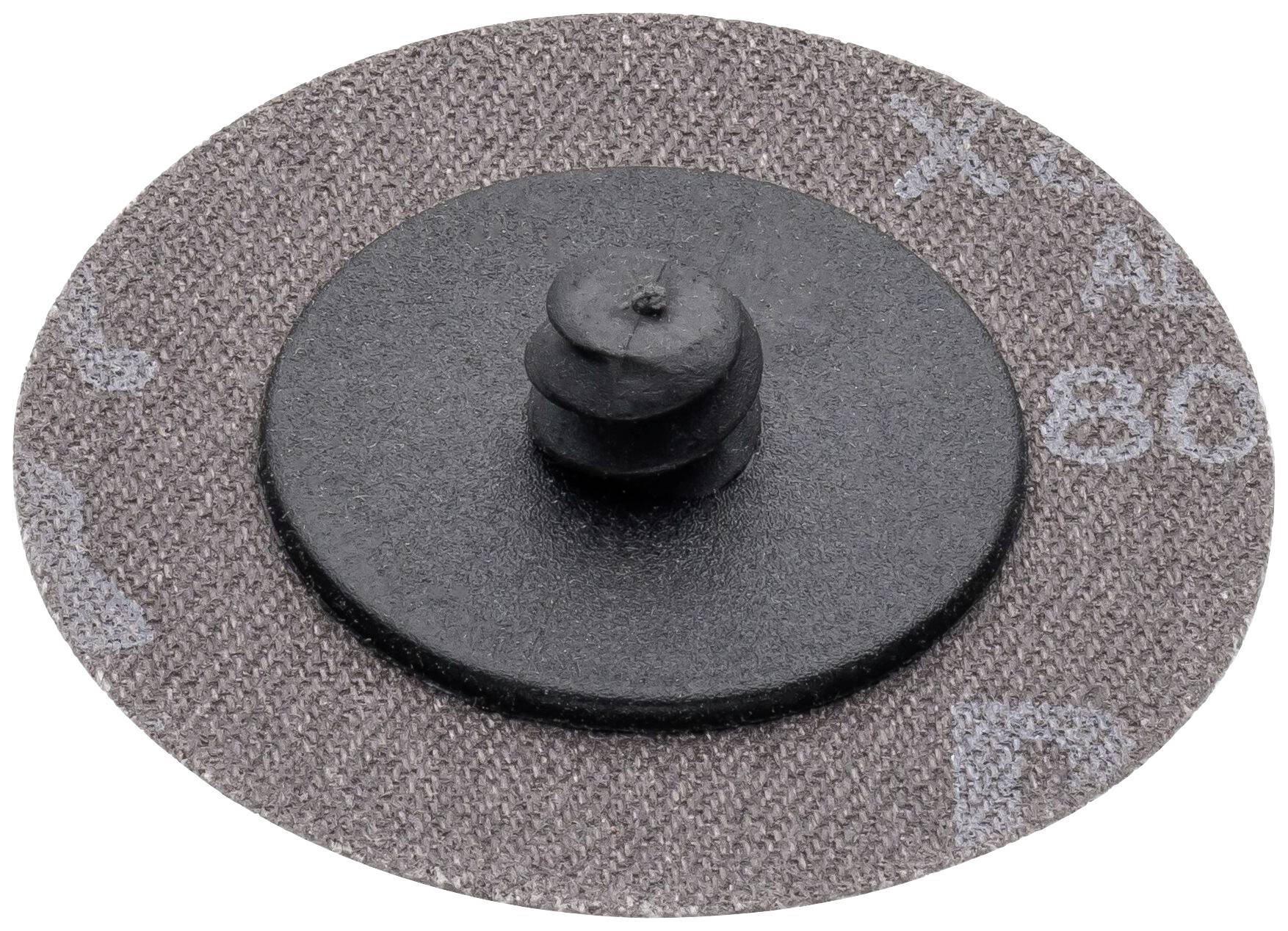 Ein grauer Schleifscheibeneinsatz mit mittigem Kunststoffverschluss, geeignet für Schleifarbeiten an Metalloberflächen.