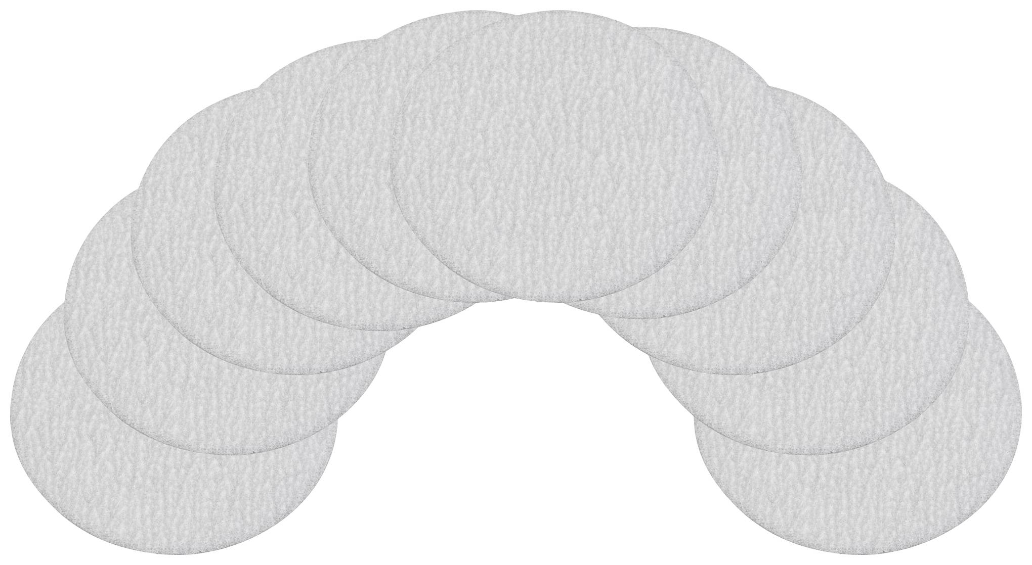 Zehn weiße, runde Scheiben überlappen sich in einem Bogen.