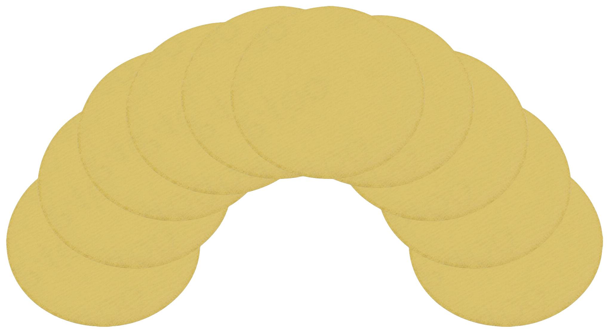 Zehn gelbe Schleifpapier-Scheiben überlappen sich in einer fächerförmigen Anordnung.
