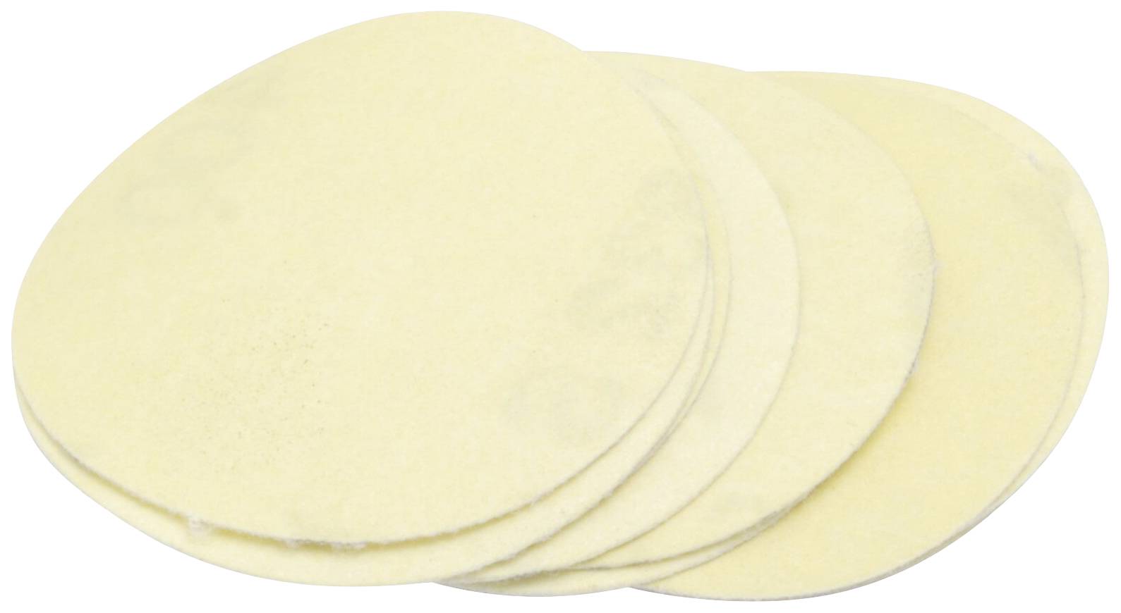 Fünf weiße, runde Teigscheiben in Stapel angeordnet auf weißem Hintergrund, möglicherweise für die Zubereitung von Ravioli oder Maultaschen.