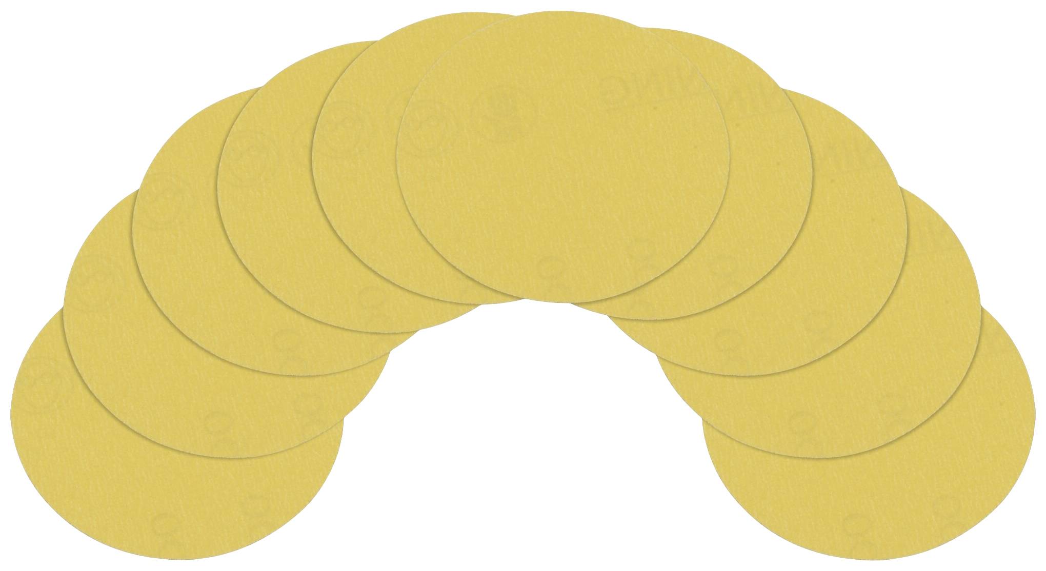 Neun gelbe Schleifscheiben sind fächerförmig angeordnet.
