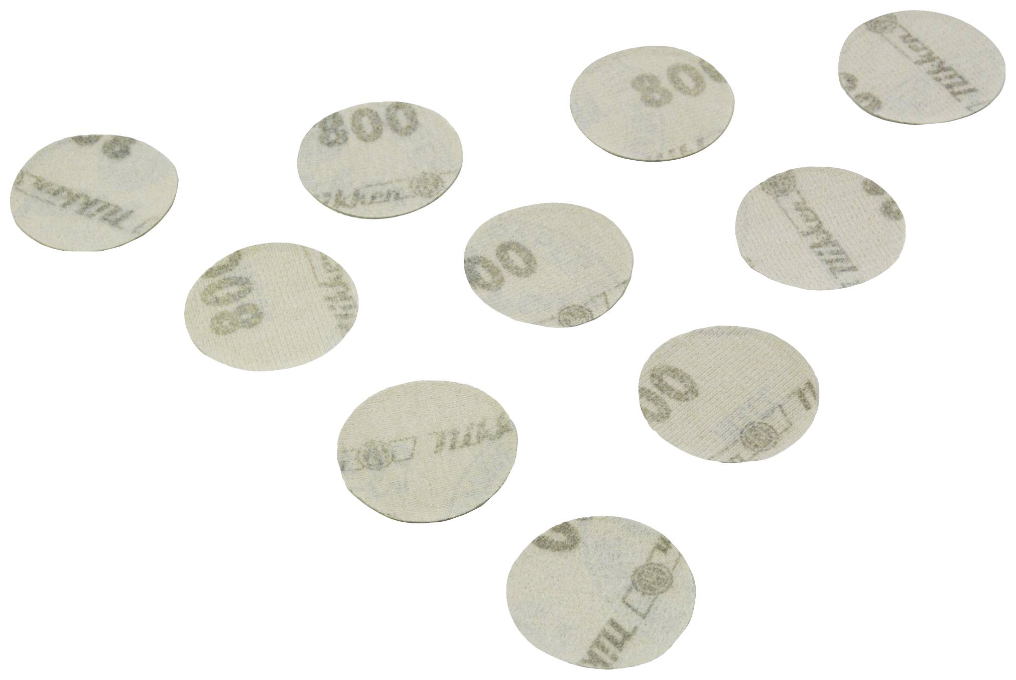 Zehn runde, graue Schleifscheiben in unregelmäßiger Anordnung. Auf ihnen steht '800'. Sie sind auf weißem Hintergrund abgebildet.