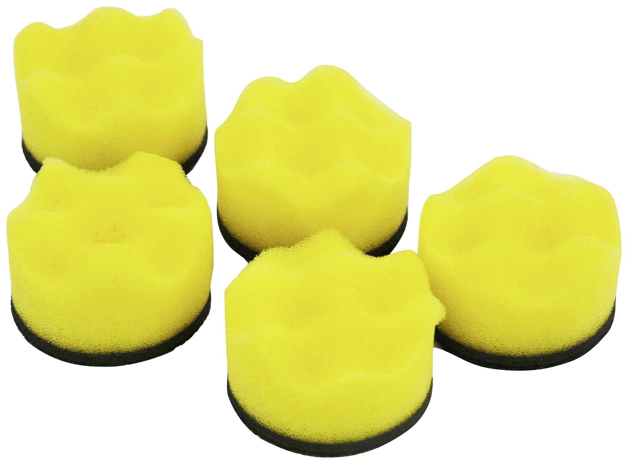 Fünf gelbe Wellenreinigungsschwämme mit schwarzen Unterseiten, nebeneinander aufgestellt.