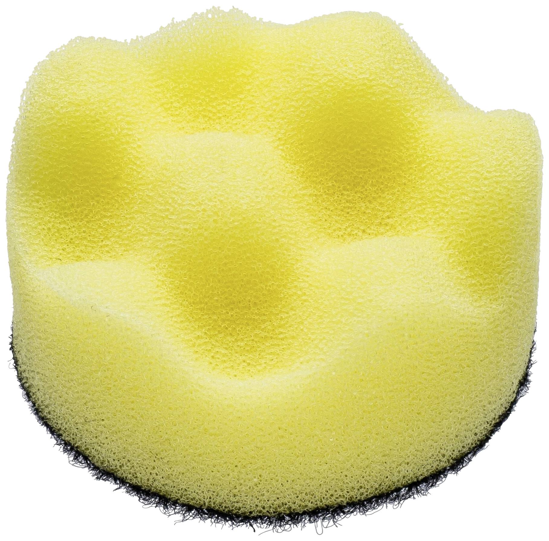 Gelber Schwamm mit unregelmäßiger Form und leicht reliefartiger Oberfläche. Geeignet für Reinigungszwecke aufgrund seiner Struktur.