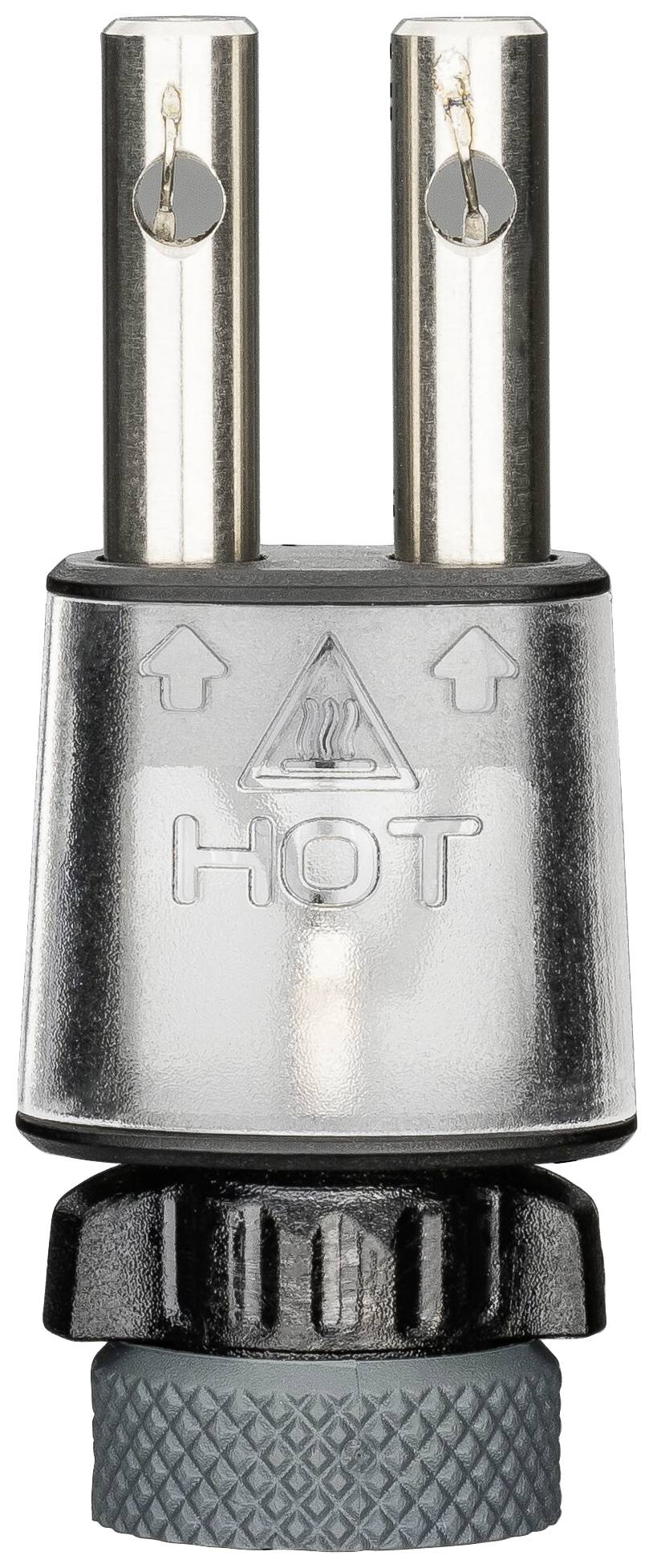 Abnehmbarer Duschkopfstrahlregler mit Aufschrift HOT. Zwei silberne Düsen und schwarzer drehbarer Griff an der Unterseite.