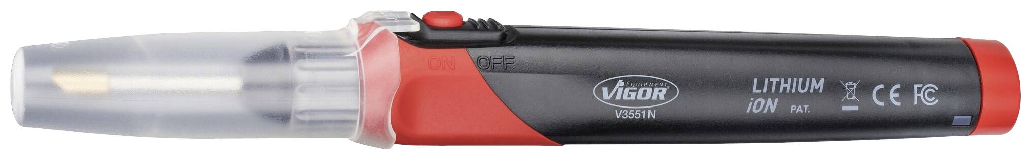 Ein rotes und schwarzes, akkubetriebenes Mini-Schraubendreher-Werkzeug mit klarer Kappe, Markenname 'Vigor', Lithium 10W.