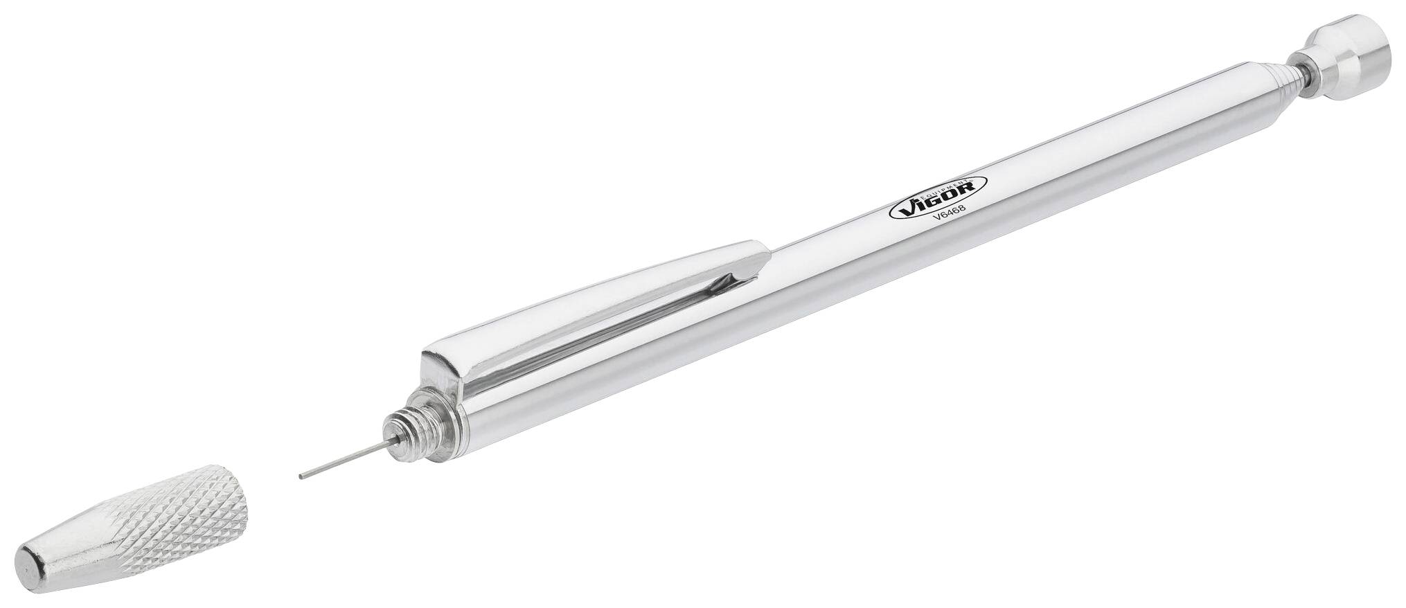 Ein silberner Präszisionsschraubendreher mit abnehmbarer Rändelgriffkappe und ausfahrbarer Nadelspitze, geeignet für feine Arbeiten.