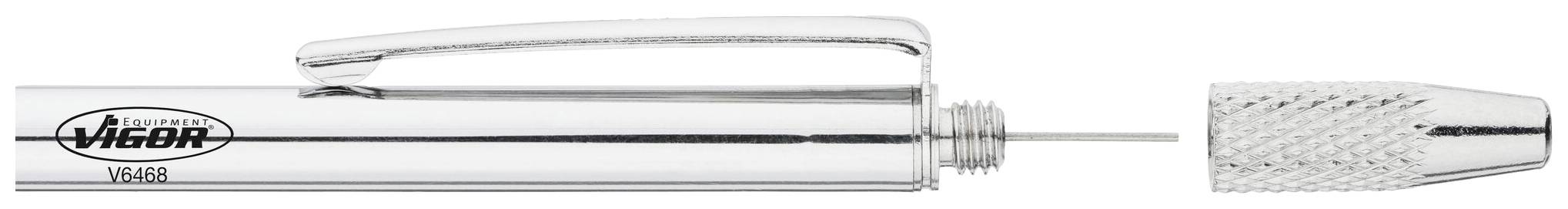 Silberner Kugelschreiber mit abnehmbarem Schaft und feiner, ausziehbarer Mine, auf dem 'Vision' steht.