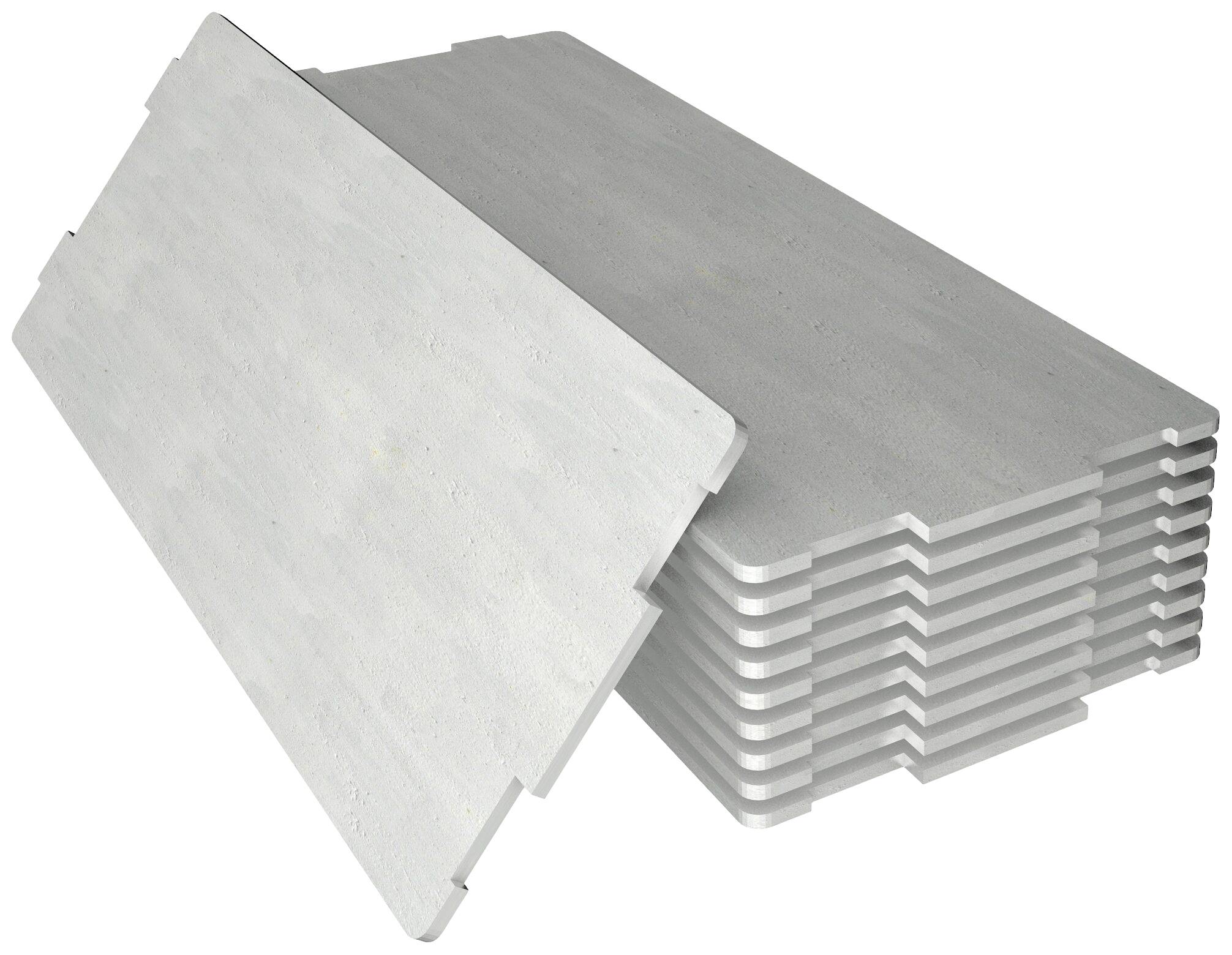 Stapel rechteckiger, grauer Faserzementplatten mit glatter Oberfläche für Bauanwendungen.